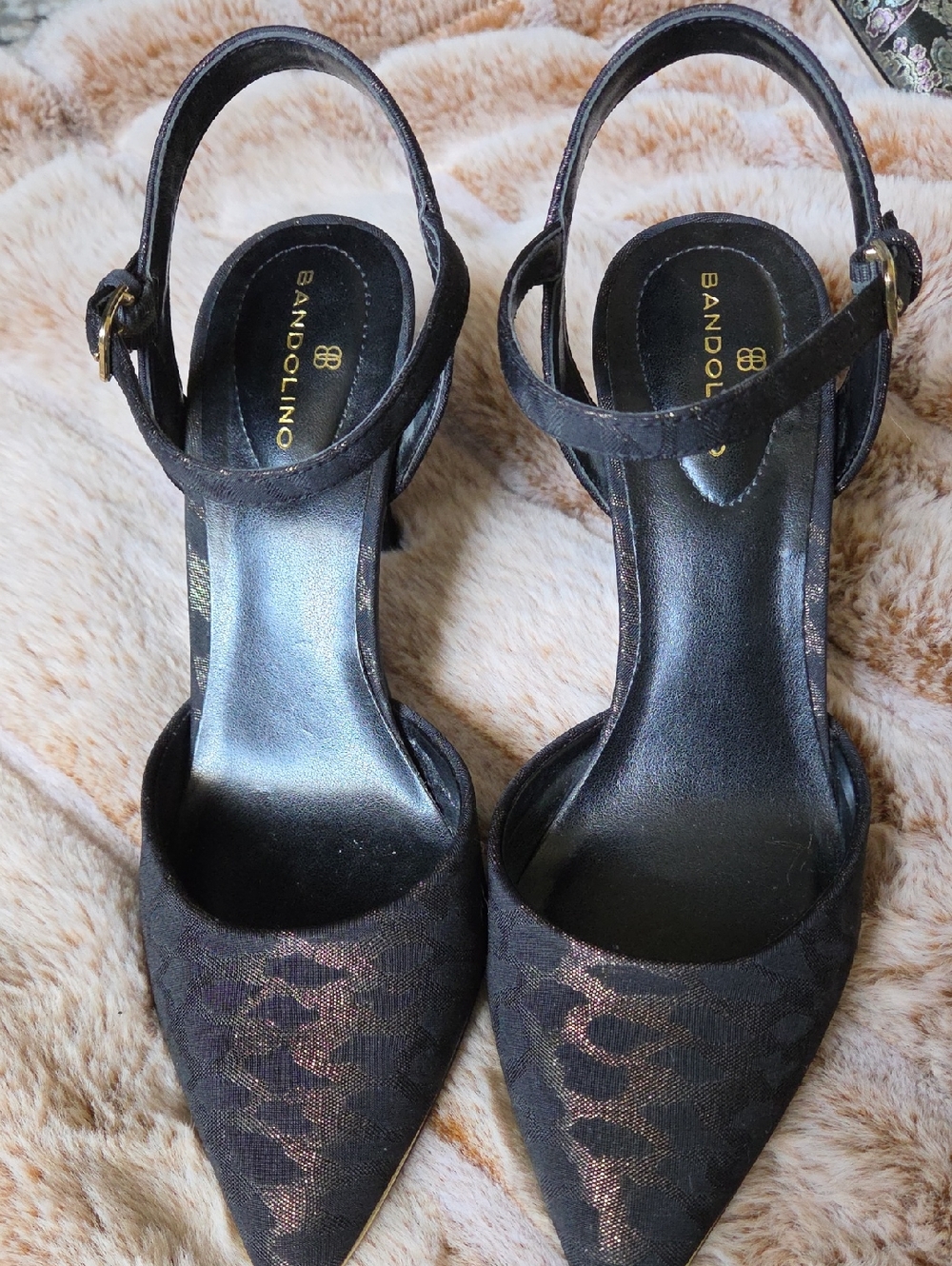 Bandolino Black Pointed Toe Ankle-Strap Heels with Subtle Bronze Pattern